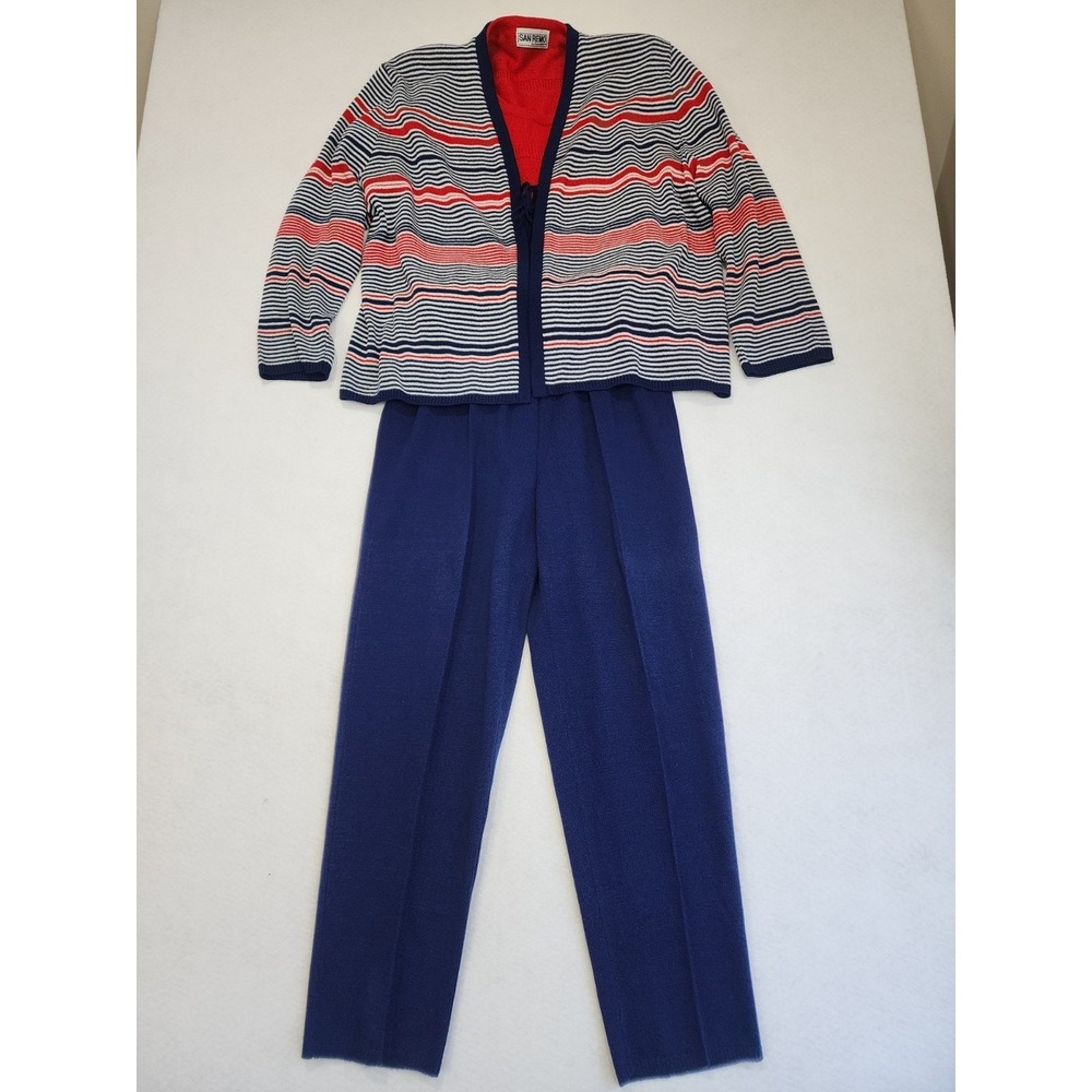 Vintage San Remo by Laura Knits 3 Pc Sweater Top Pants Set Womens M/L Striped